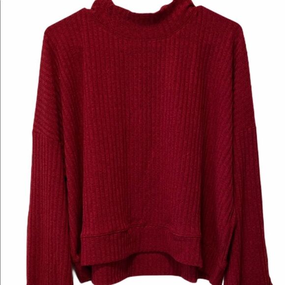 Red Mock Neck Long Sleeve Rib Knit Sweater by Band of Gypsies - Picture 3 of 4